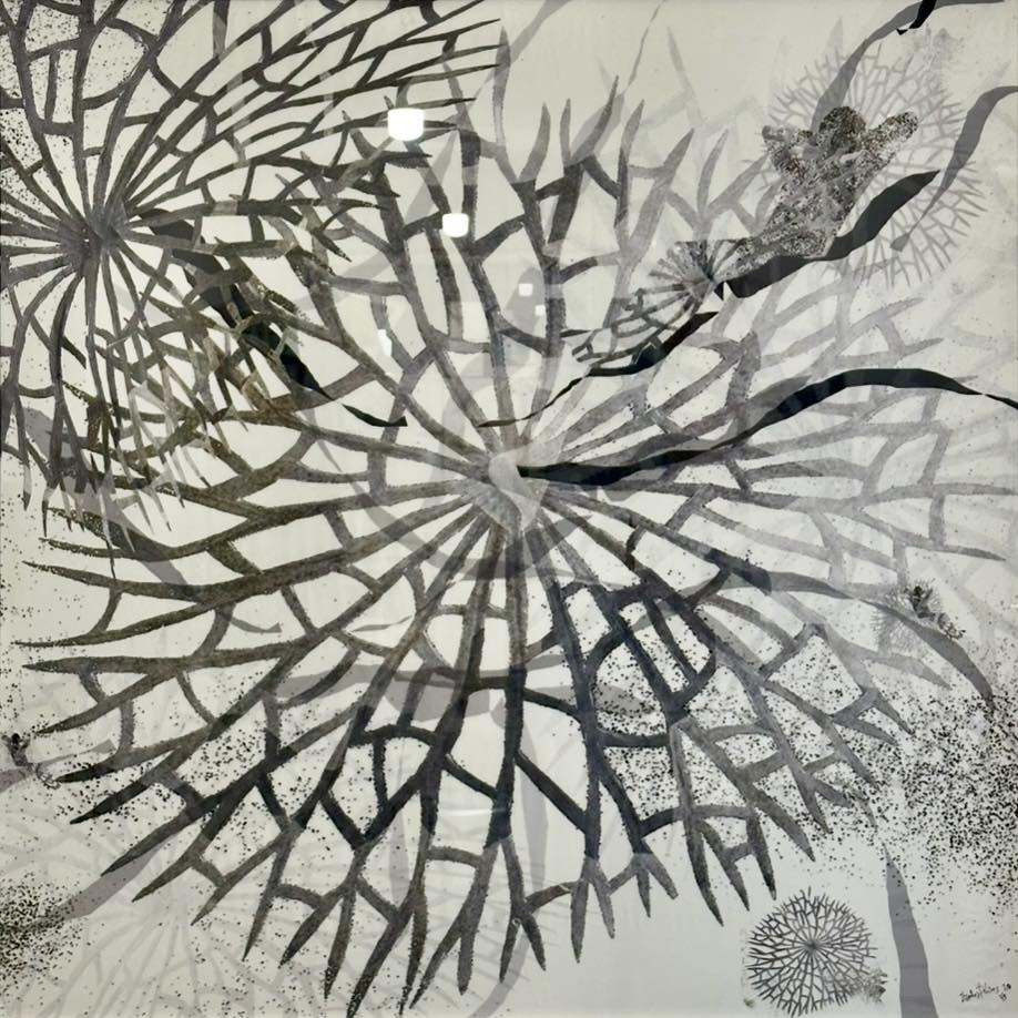 «Αναπαυση», τύπωμα σε μετάξι, 100χ100, 2020.  "Anapafsi", silk print, 100×100 cm, 2020.